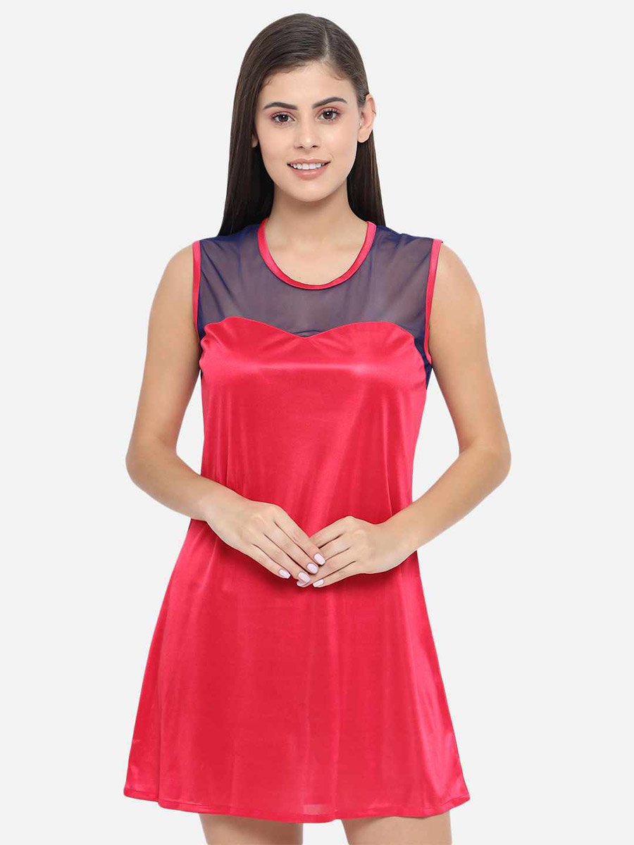 Solid Illusion Neckline Satin Babydoll