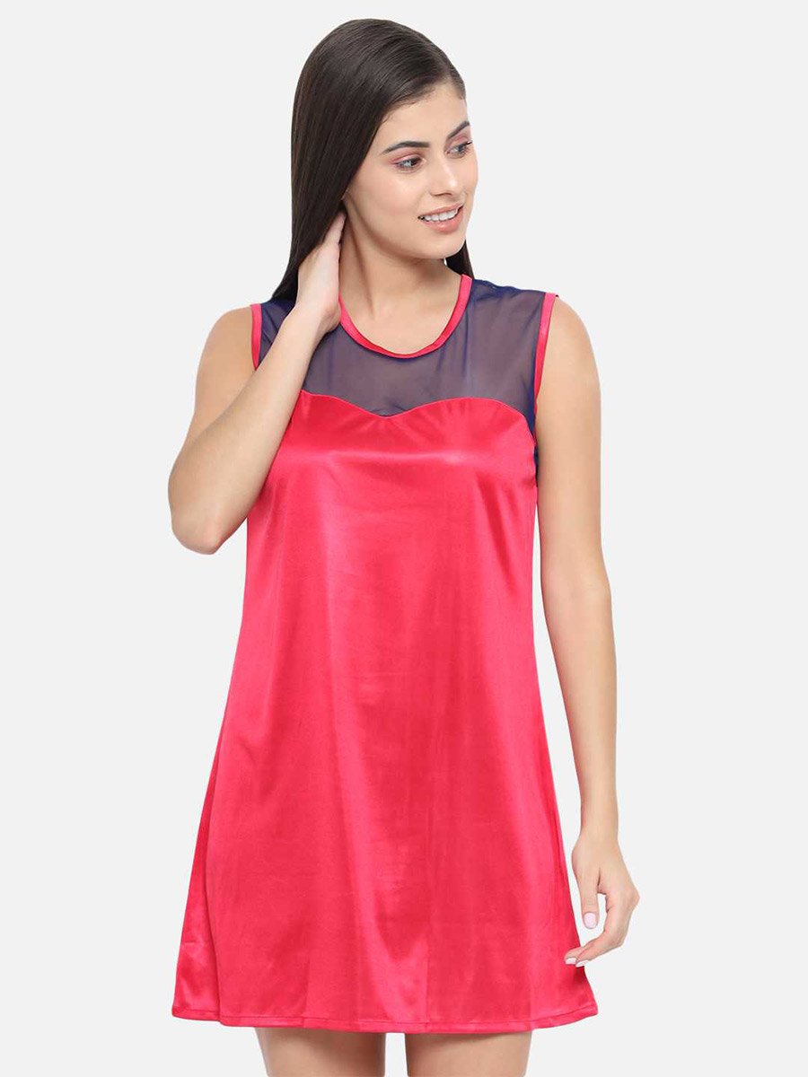 Solid Illusion Neckline Satin Babydoll