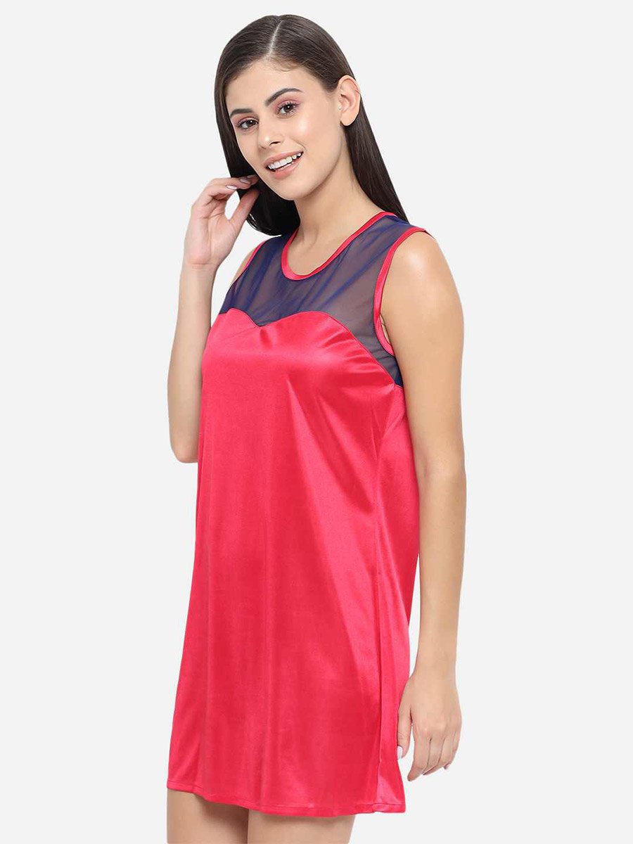 Solid Illusion Neckline Satin Babydoll