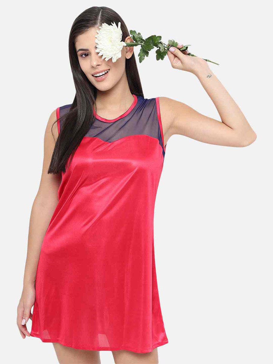 Solid Illusion Neckline Satin Babydoll