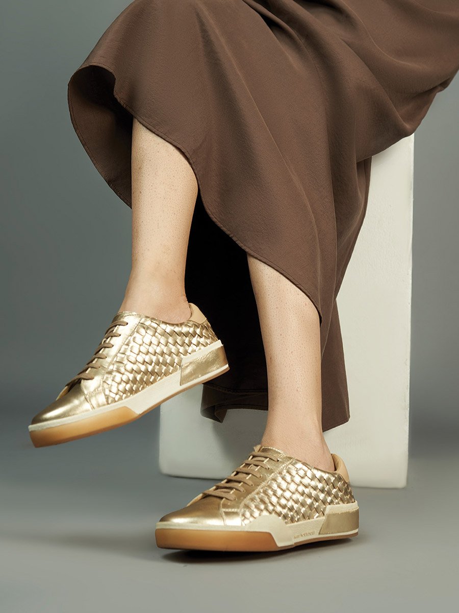 Basket Weave Design Leather Lace-Up Sneakers