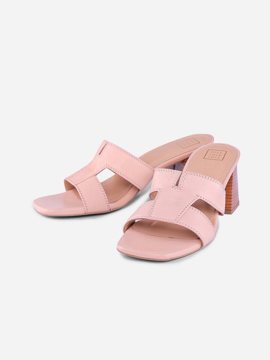 Women Peach Plain Leather Block Heel Sandals