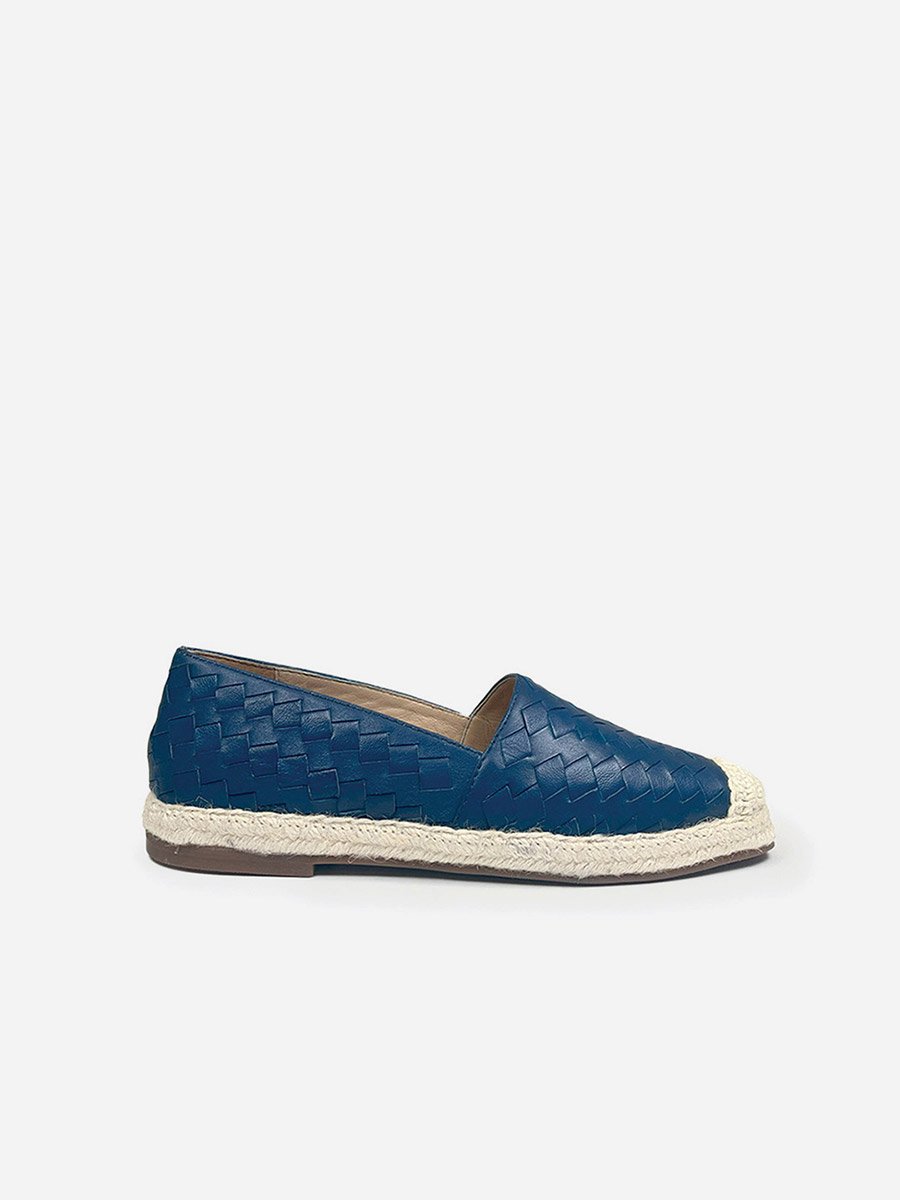 Women Blue Weave Design Cap Toe Leather Espadrilles