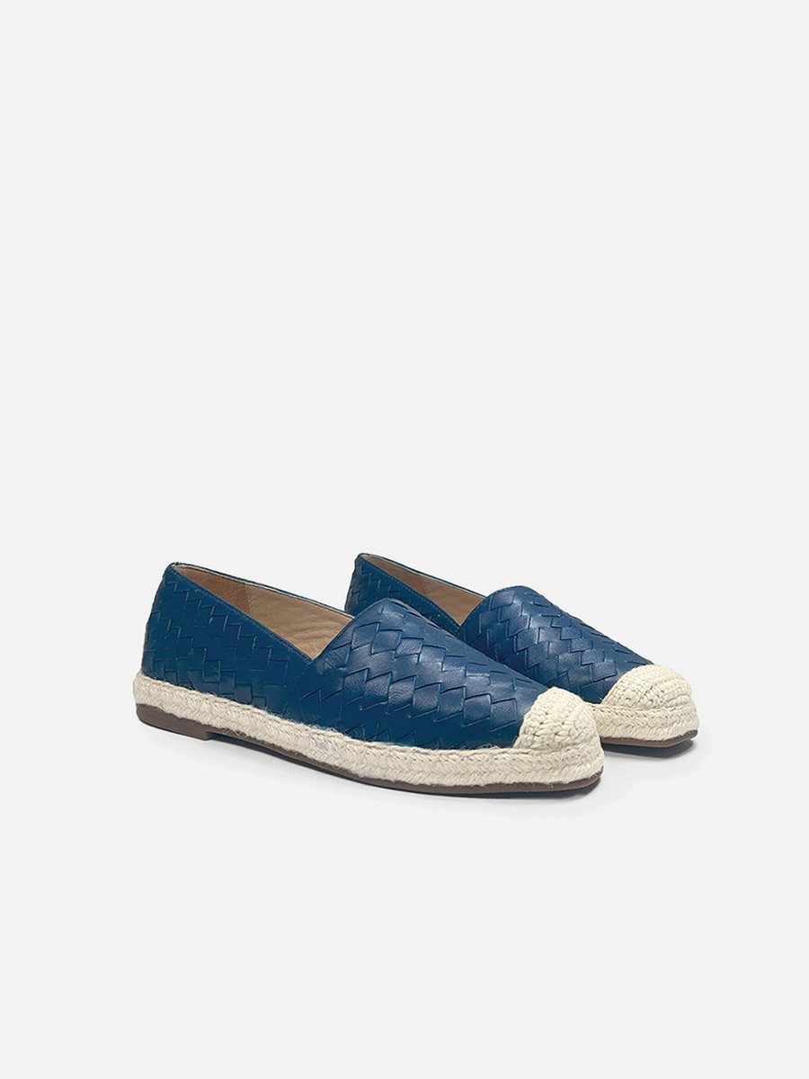 Women Blue Weave Design Cap Toe Leather Espadrilles