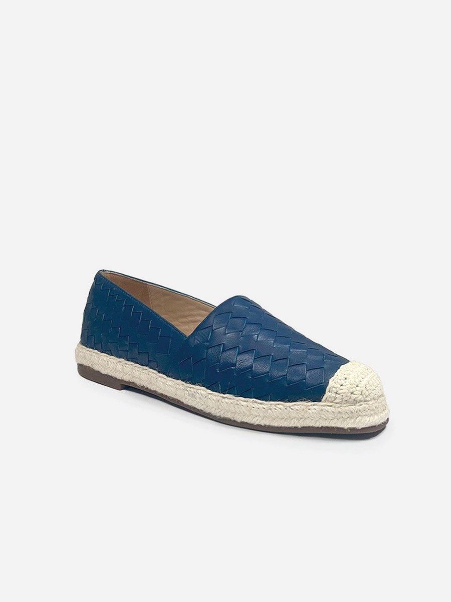 Women Blue Weave Design Cap Toe Leather Espadrilles
