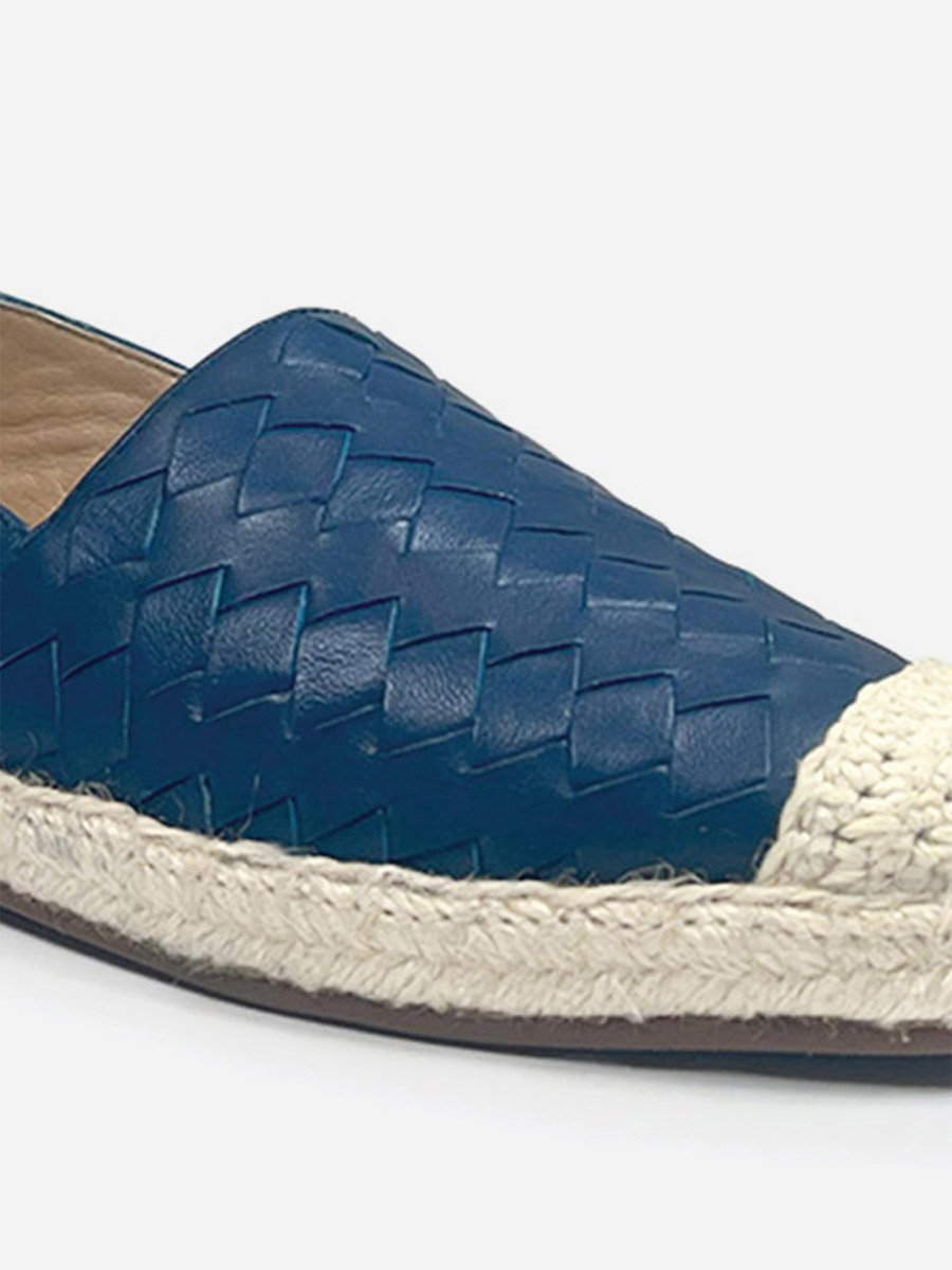 Women Blue Weave Design Cap Toe Leather Espadrilles