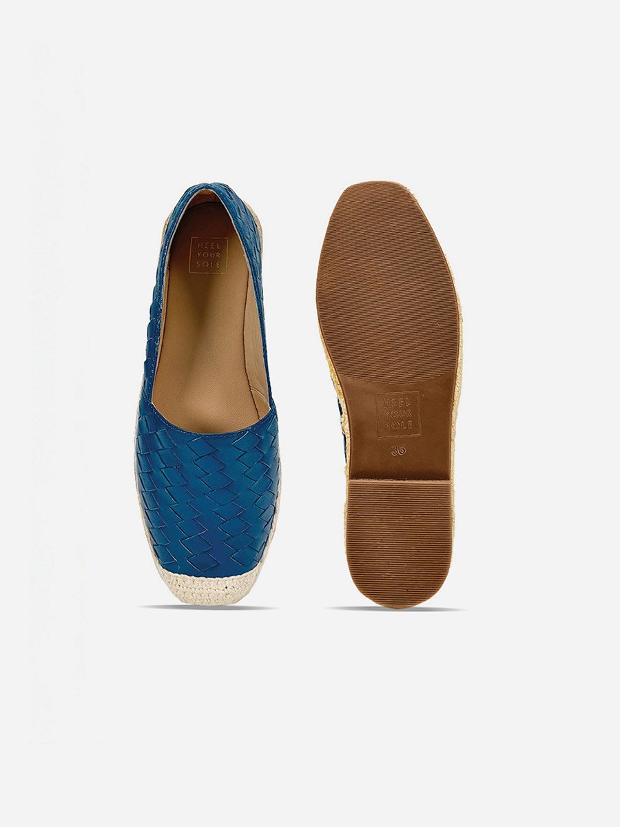 Women Blue Weave Design Cap Toe Leather Espadrilles