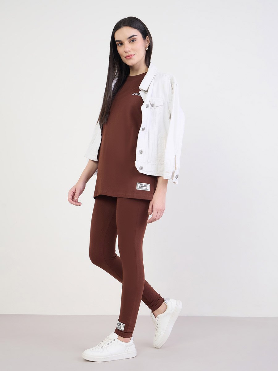 Women Brown Oversized T-Shirt and Leggings Co-Ords