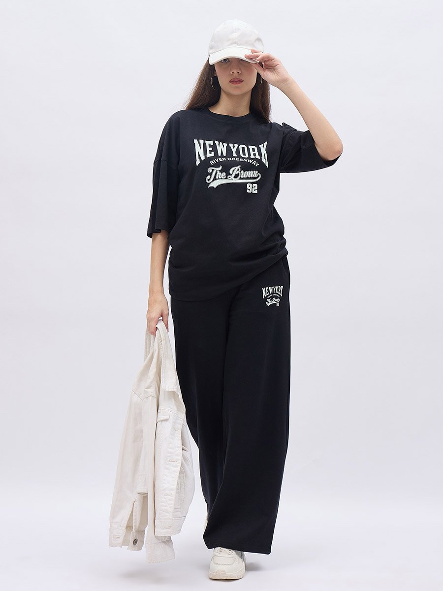 Black NY Print Oversized T-Shirt and Wide Leg Joggers Co-Ords