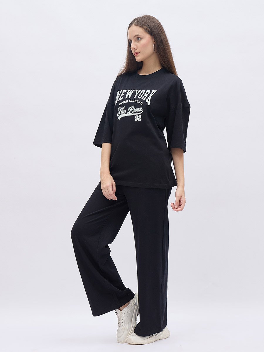 Black NY Print Oversized T-Shirt and Wide Leg Joggers Co-Ords