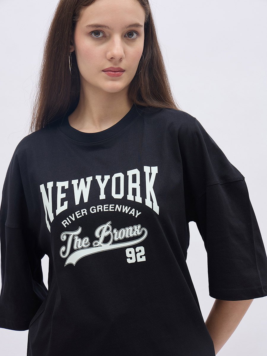 Black NY Print Oversized T-Shirt and Wide Leg Joggers Co-Ords