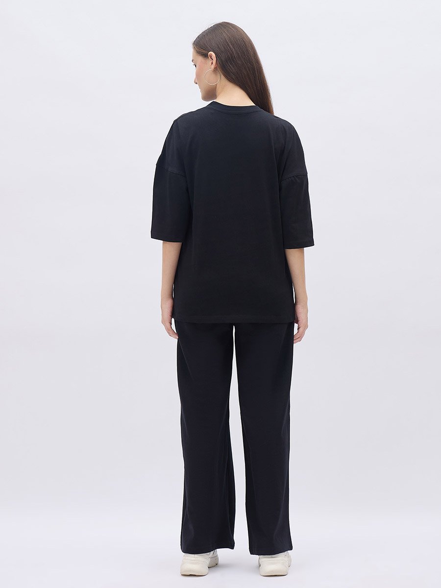 Black NY Print Oversized T-Shirt and Wide Leg Joggers Co-Ords