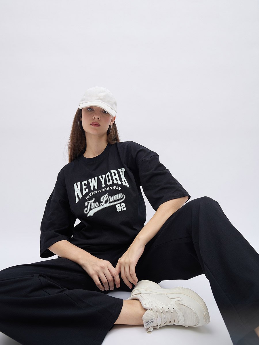 Black NY Print Oversized T-Shirt and Wide Leg Joggers Co-Ords