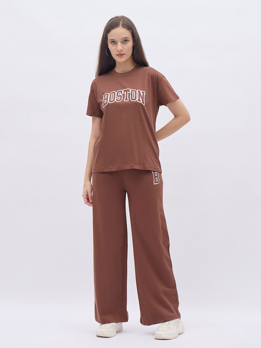 Brown Graphic Boxy T-Shirt and Wide Leg Joggers Co-Ords