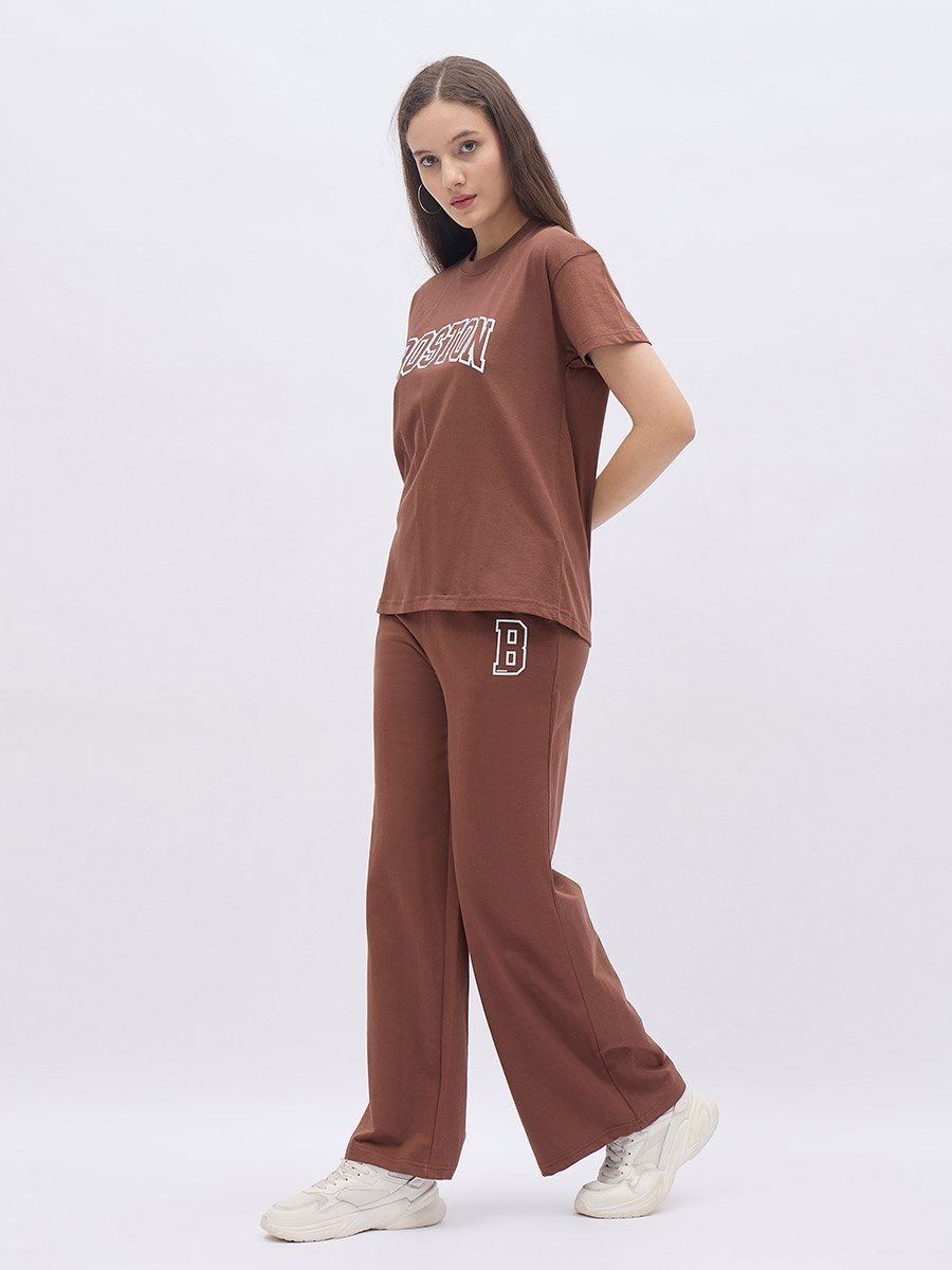 Brown Graphic Boxy T-Shirt and Wide Leg Joggers Co-Ords