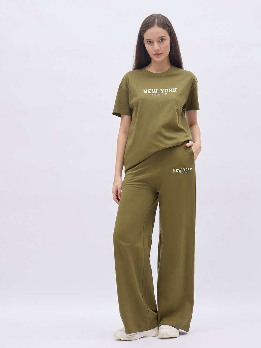 Khaki Slogan Boxy T-Shirt and Wide Leg Joggers Co-Ords