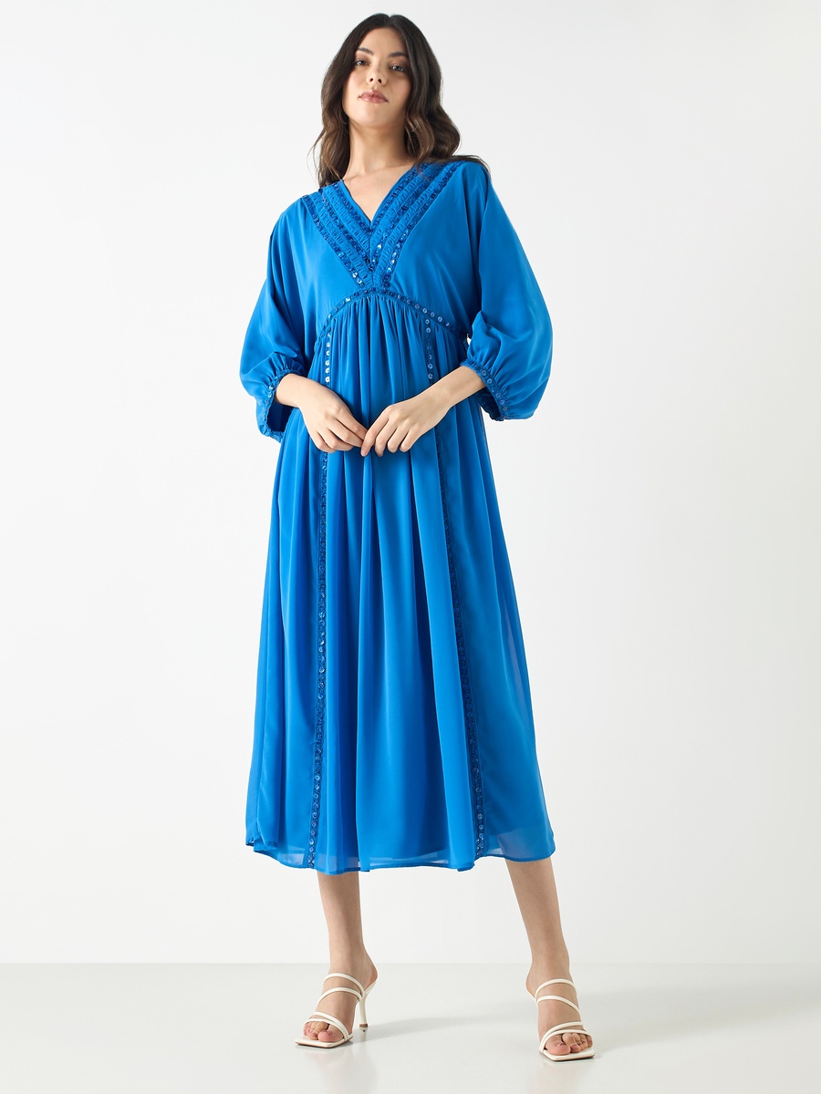 Embellished V-neck Dress with Volume Sleeves