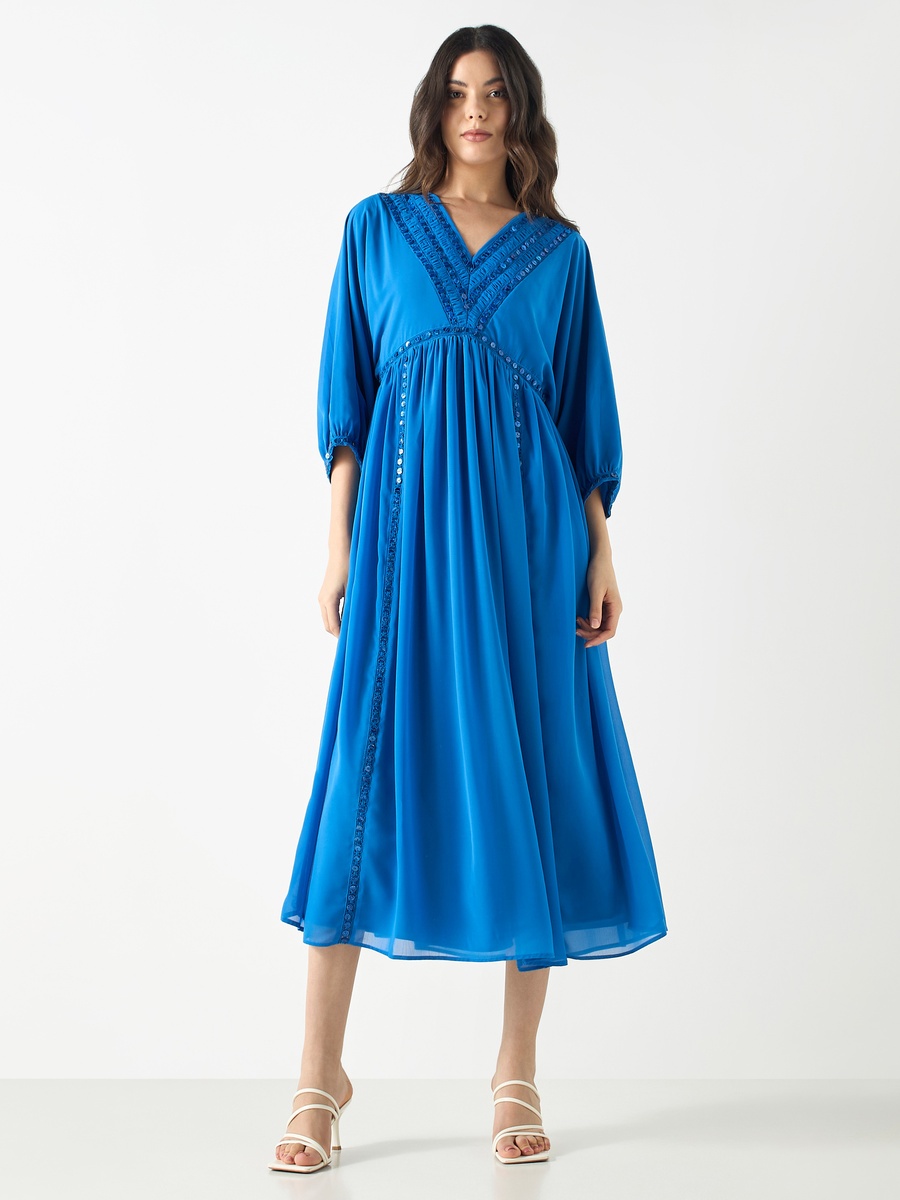 Embellished V-neck Dress with Volume Sleeves