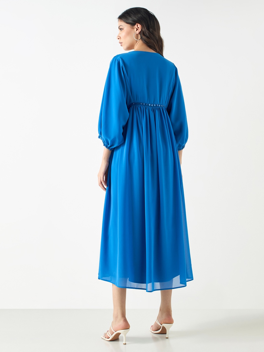 Embellished V-neck Dress with Volume Sleeves