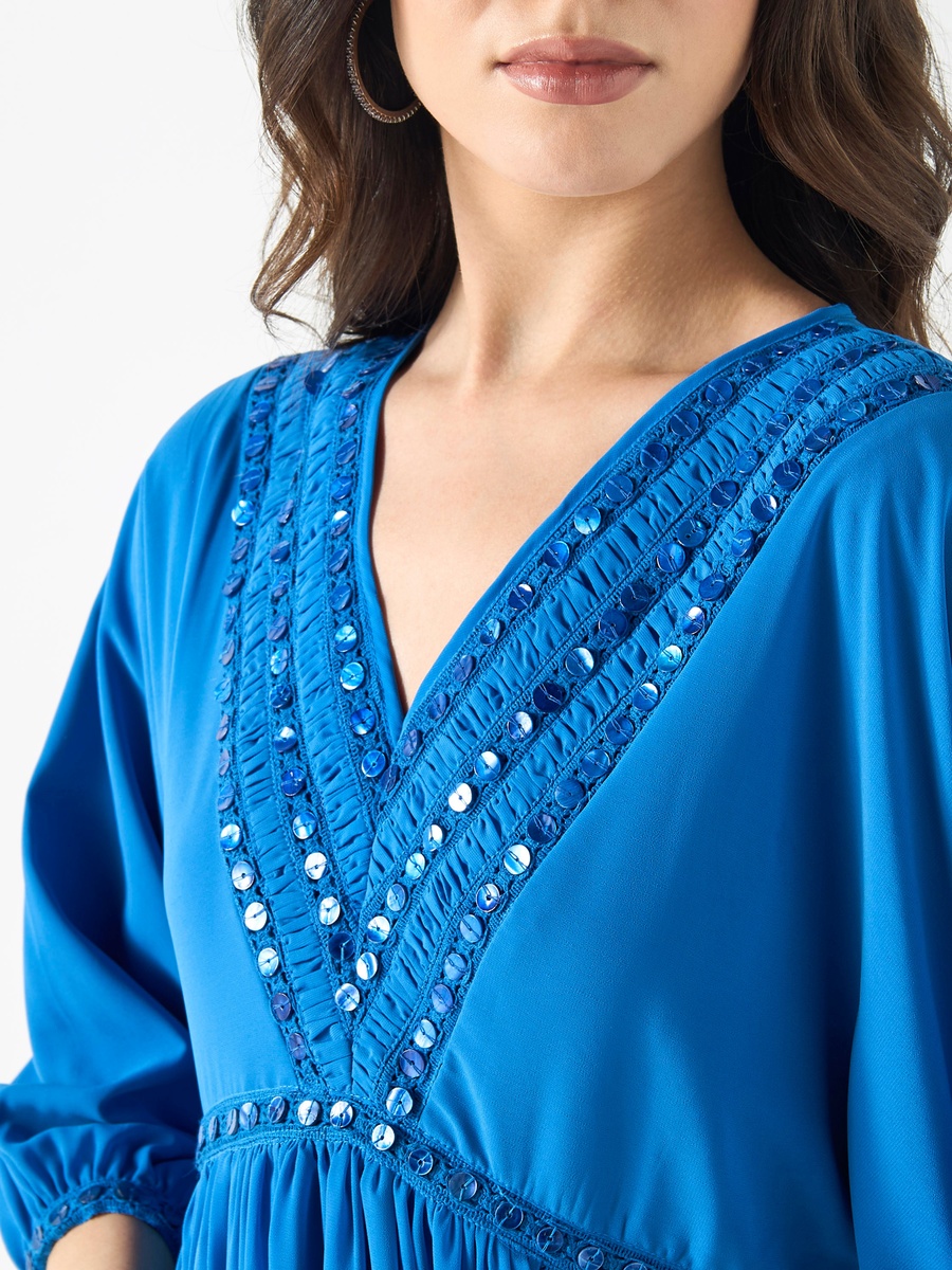 Embellished V-neck Dress with Volume Sleeves
