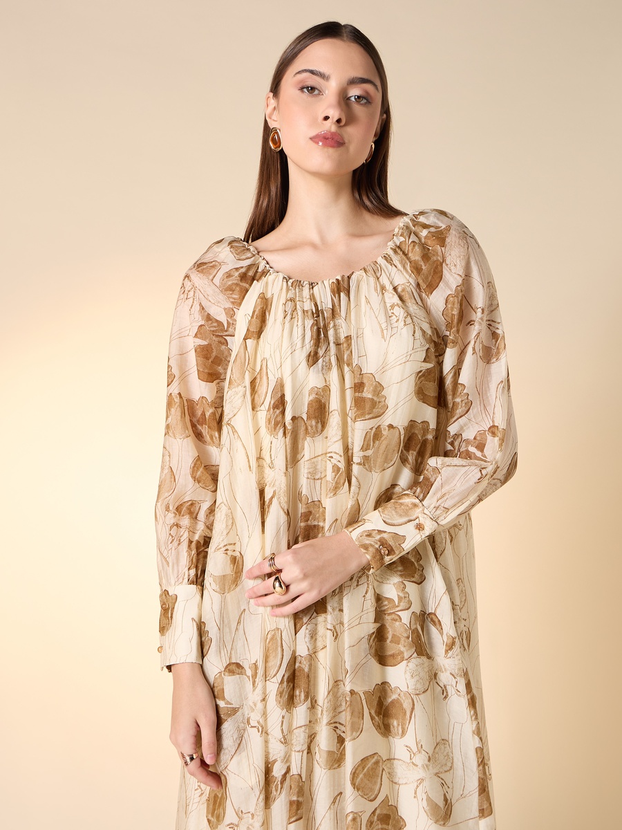Floral Print Trapeze Dress with Long Sleeves For Default Category at Kuwait  | Styli