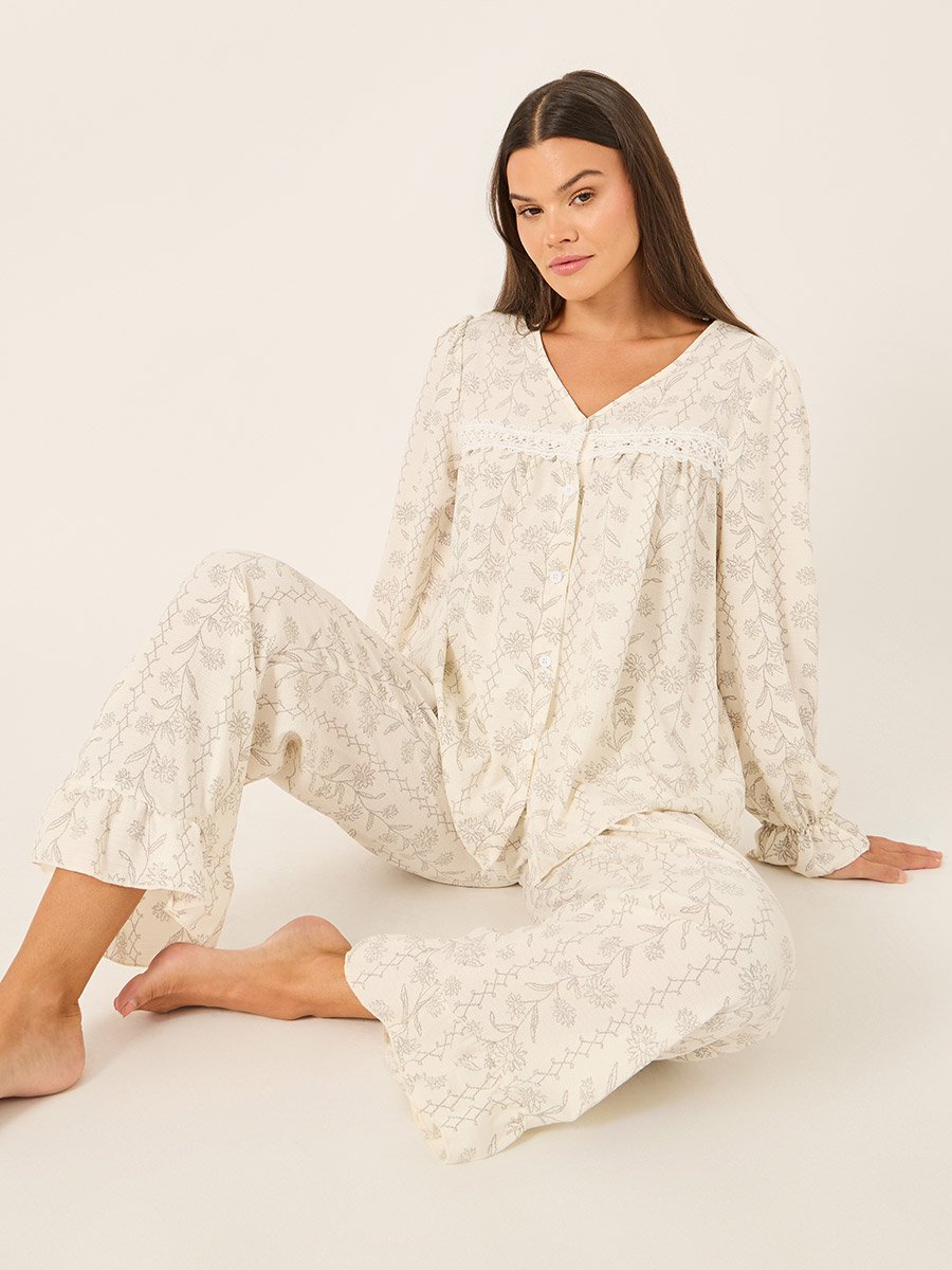 All-Over Floral Print Lace Insert Long Sleeve Top and Ruffle Hem Pyjama Set