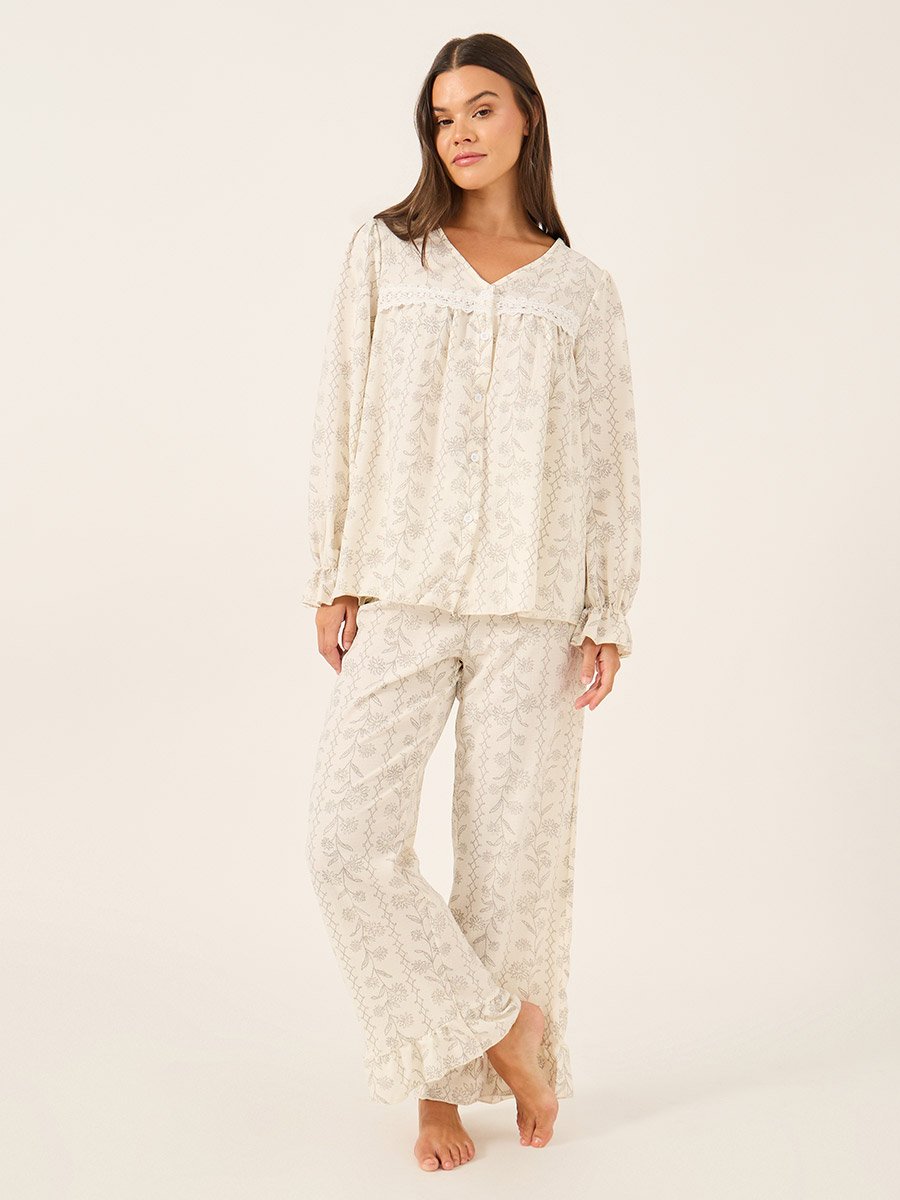 All-Over Floral Print Lace Insert Long Sleeve Top and Ruffle Hem Pyjama Set