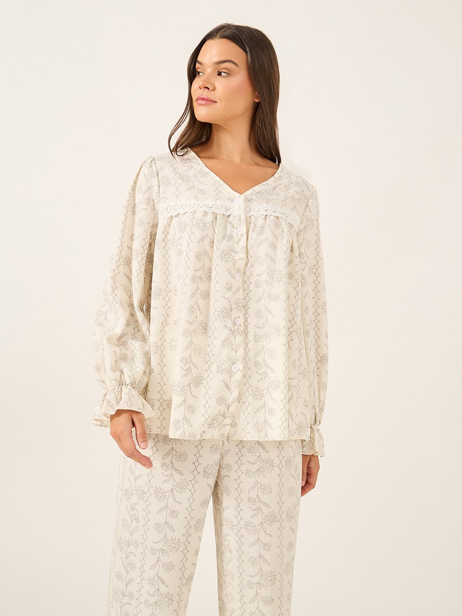 All-Over Floral Print Lace Insert Long Sleeve Top and Ruffle Hem Pyjama Set