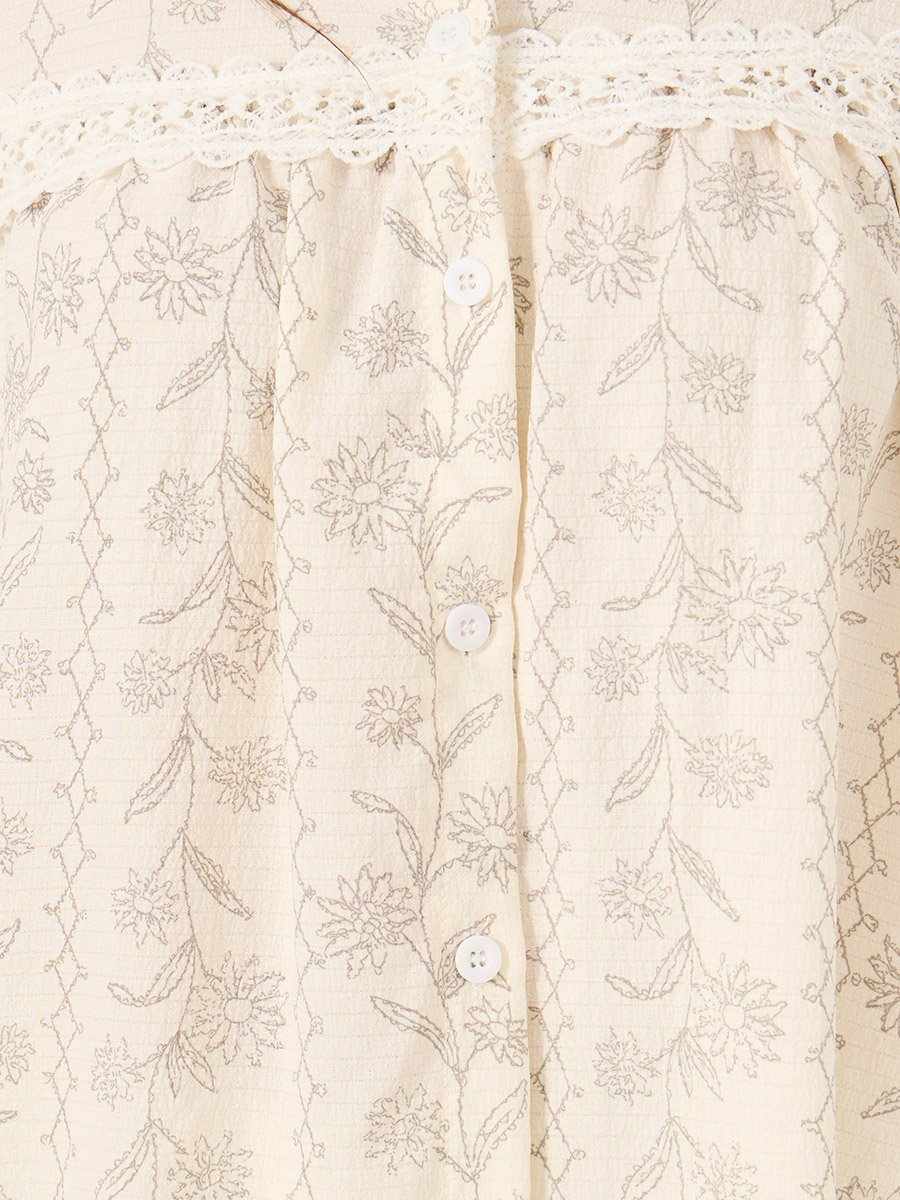 All-Over Floral Print Lace Insert Long Sleeve Top and Ruffle Hem Pyjama Set