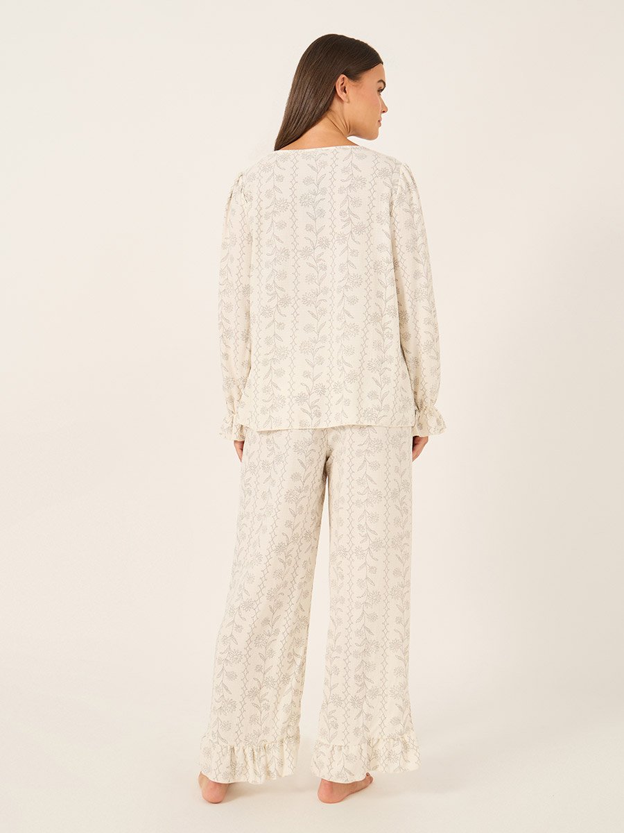 All-Over Floral Print Lace Insert Long Sleeve Top and Ruffle Hem Pyjama Set