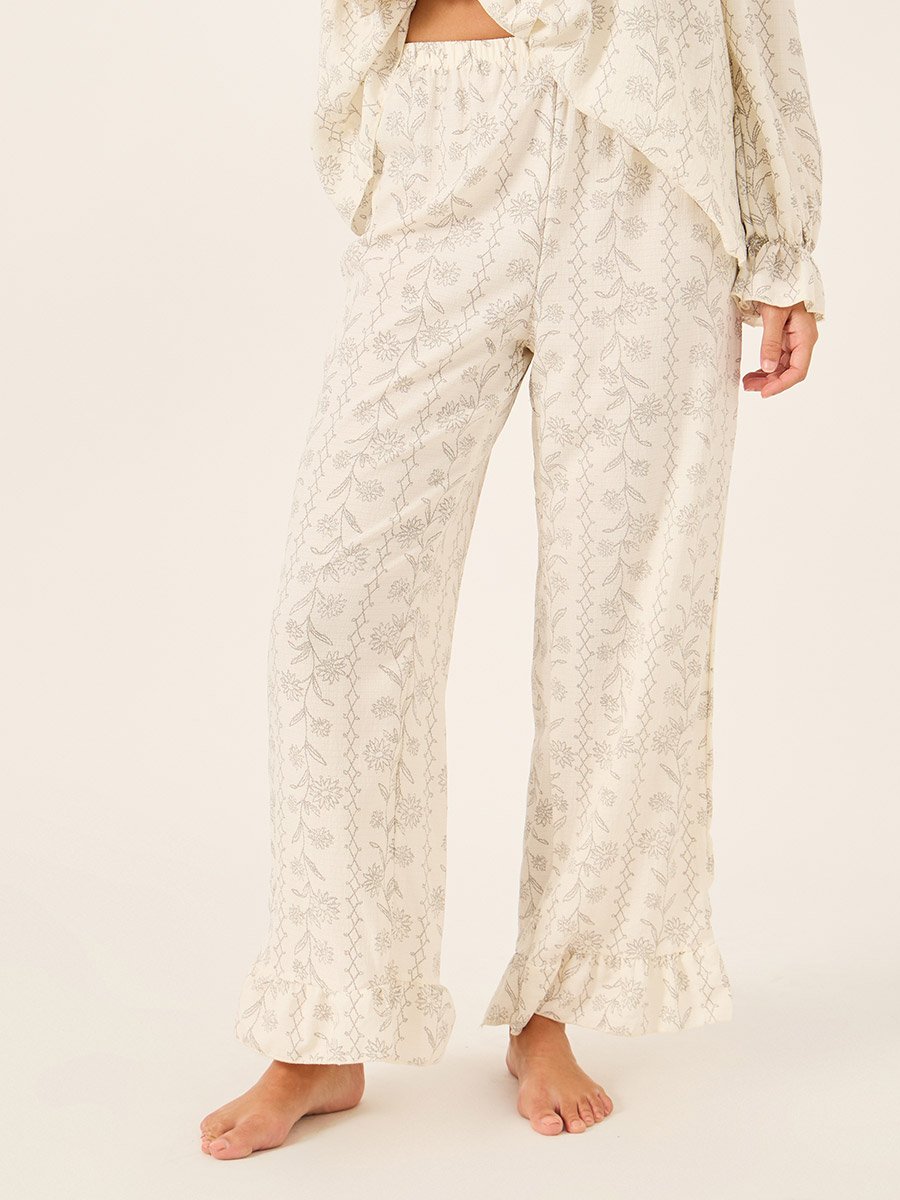 All-Over Floral Print Lace Insert Long Sleeve Top and Ruffle Hem Pyjama Set