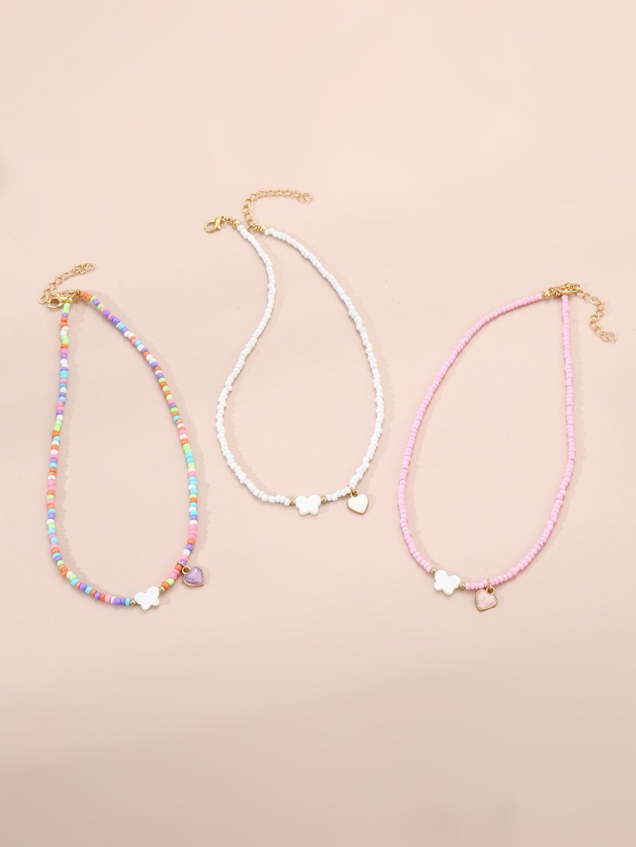 Set of 3 - Butterfly and Heart Pendant Beaded Necklace