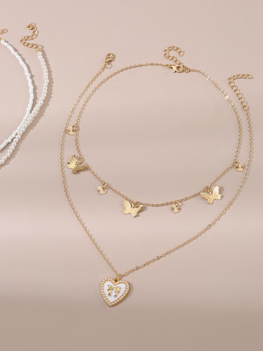 Set of 4 - Bow Pendant Faux Pearl Necklace