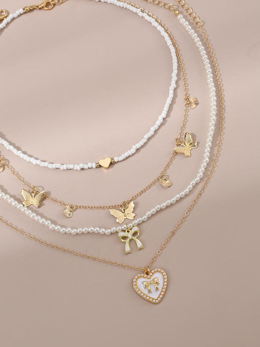 Set of 4 - Bow Pendant Faux Pearl Necklace