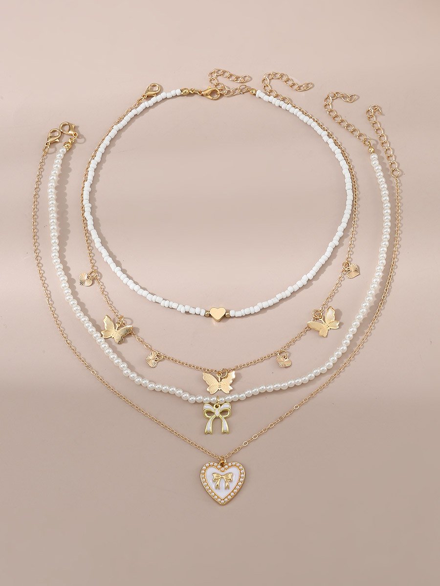 Set of 4 - Bow Pendant Faux Pearl Necklace