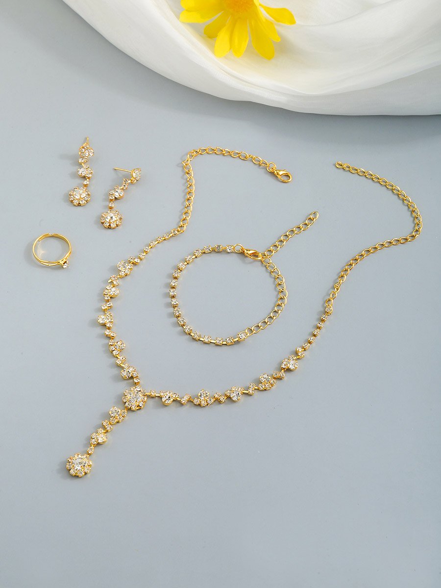 Set of 4 - Rhinestone Necklace, Bracelet, Earrings and Ring