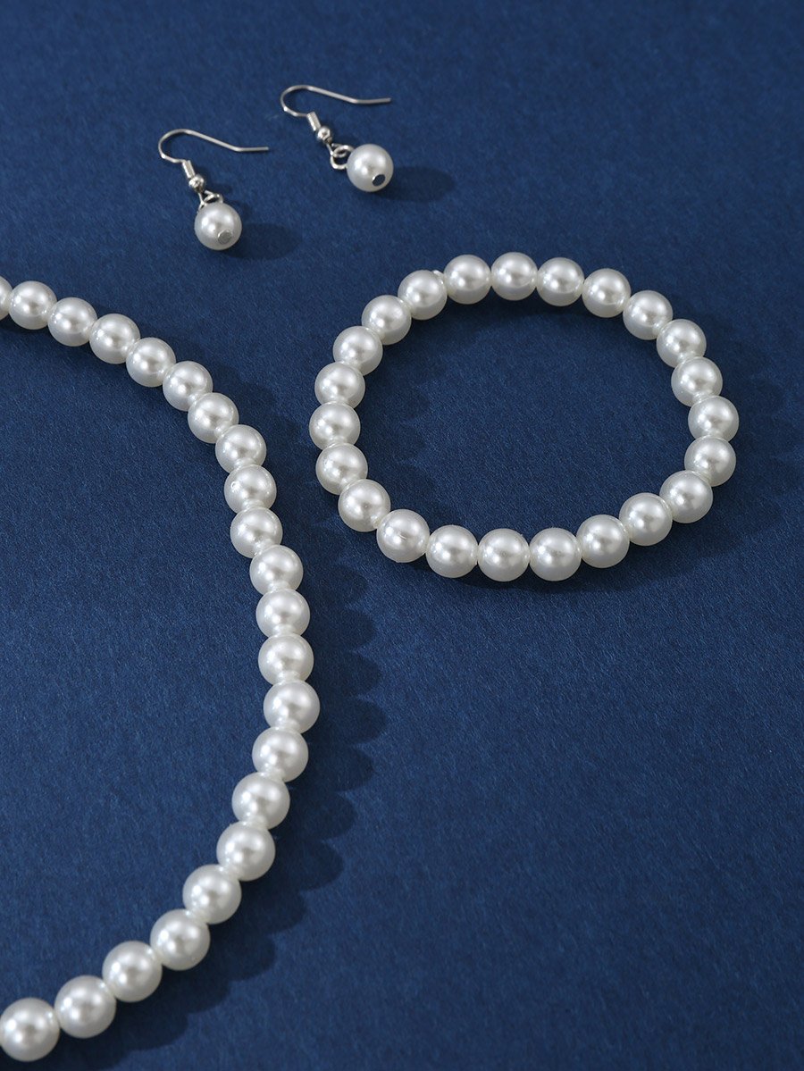 Set of 3 - Faux Pearl Necklace, Bracelet and Earrings