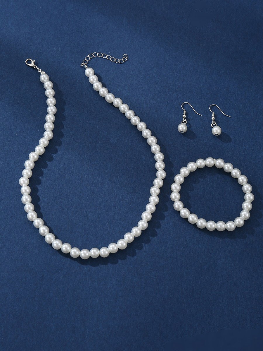 Set of 3 - Faux Pearl Necklace, Bracelet and Earrings