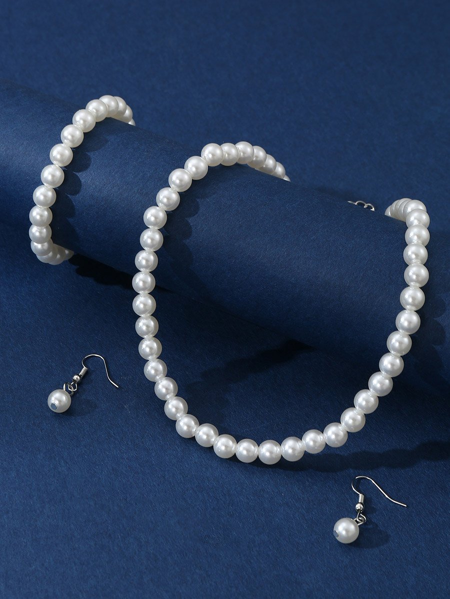 Set of 3 - Faux Pearl Necklace, Bracelet and Earrings