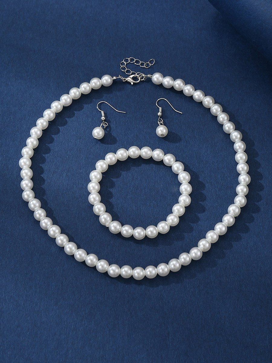 Set of 3 - Faux Pearl Necklace, Bracelet and Earrings