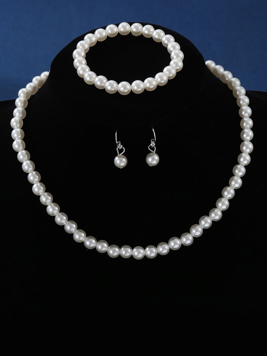 Set of 3 - Faux Pearl Necklace, Bracelet and Earrings