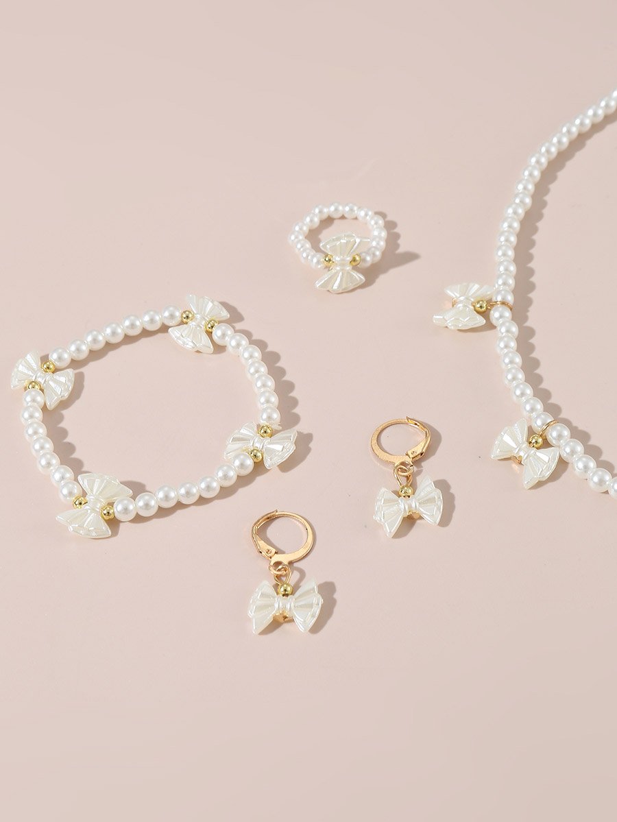 Set of 4 - Bow Pendant Faux Pearl Necklace, Bracelet Earrings and Ring