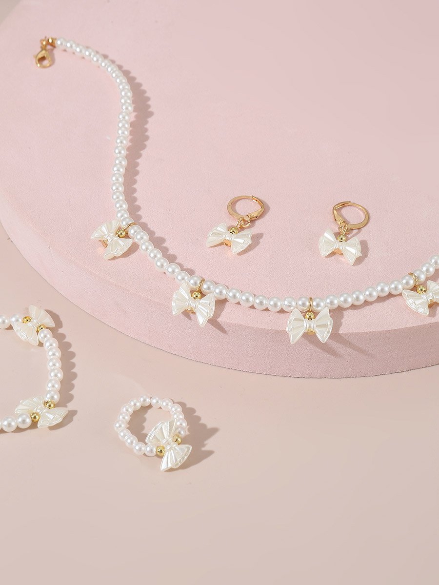 Set of 4 - Bow Pendant Faux Pearl Necklace, Bracelet Earrings and Ring