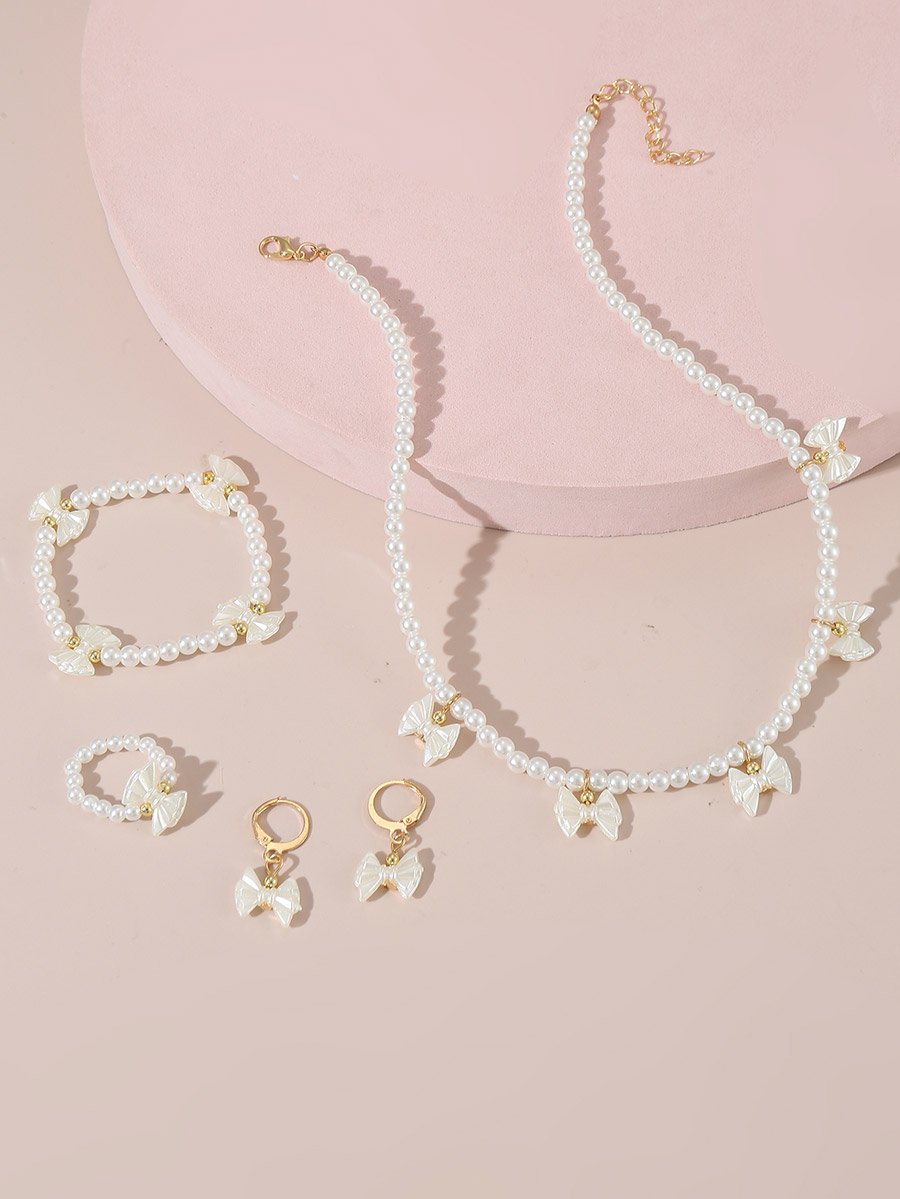 Set of 4 - Bow Pendant Faux Pearl Necklace, Bracelet Earrings and Ring