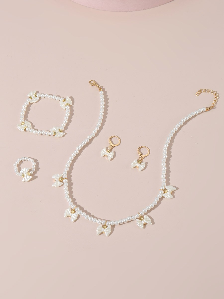 Set of 4 - Bow Pendant Faux Pearl Necklace, Bracelet Earrings and Ring