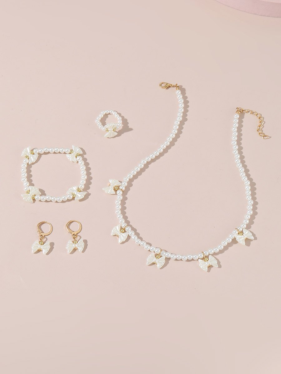 Set of 4 - Bow Pendant Faux Pearl Necklace, Bracelet Earrings and Ring