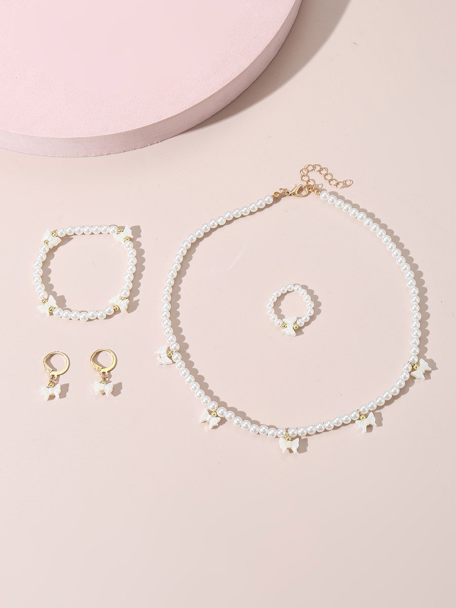 Set of 4 - Bow Pendant Faux Pearl Necklace, Bracelet, Earrings and Ring