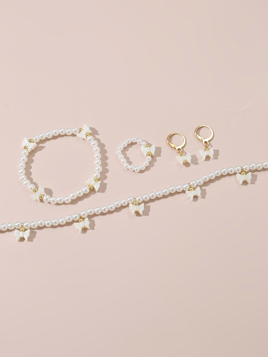 Set of 4 - Bow Pendant Faux Pearl Necklace, Bracelet, Earrings and Ring