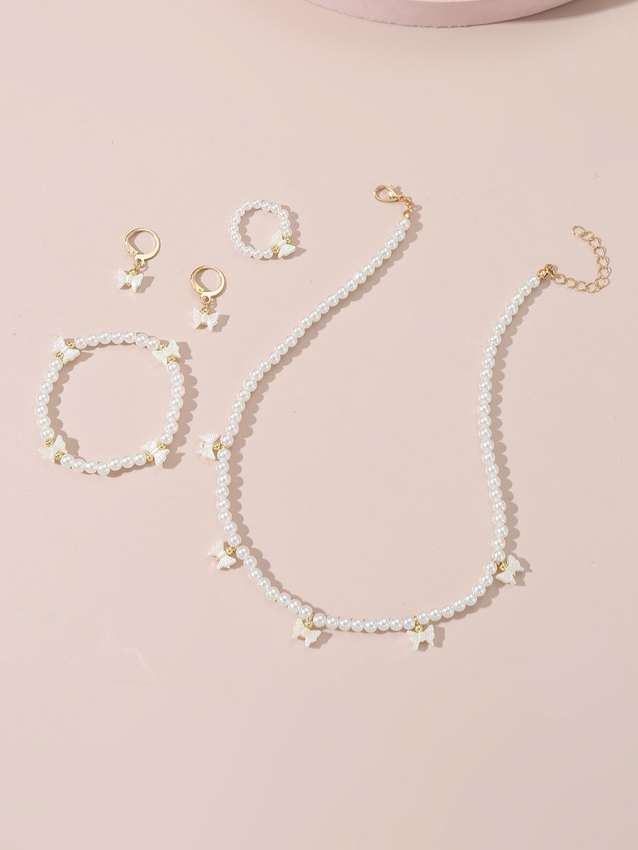 Set of 4 - Bow Pendant Faux Pearl Necklace, Bracelet, Earrings and Ring