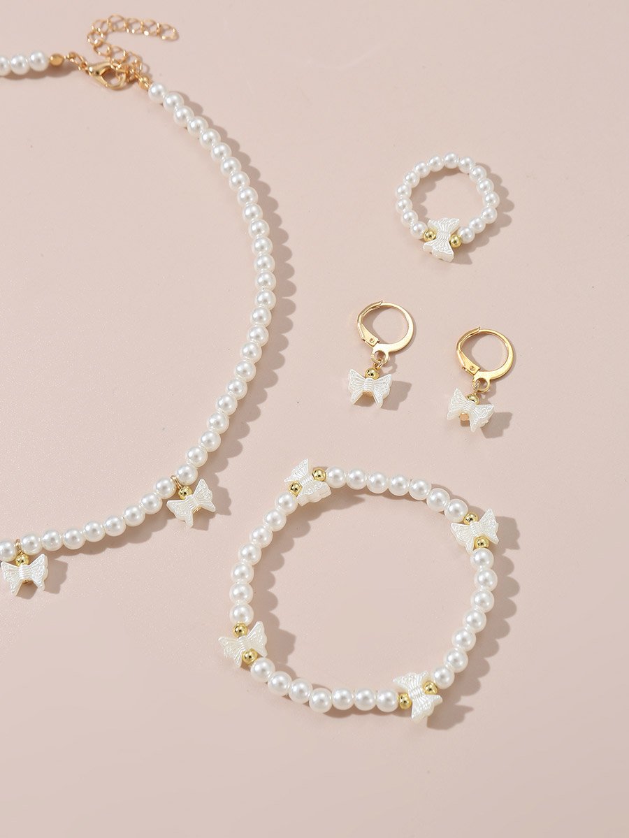 Set of 4 - Bow Pendant Faux Pearl Necklace, Bracelet, Earrings and Ring
